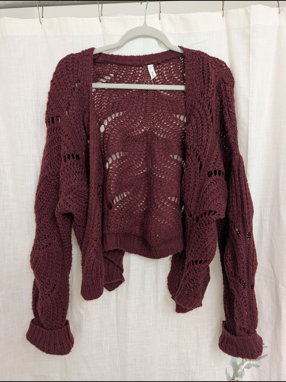 Wishlist Burgundy Open Knit Cardigan Sweater Size S/M Boho Chunky Crochet